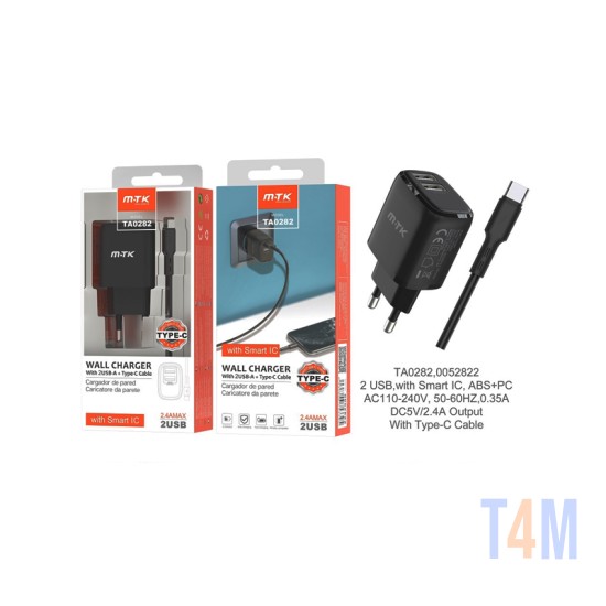 CARGADOR ADAPTADOR RÁPIDO MTK TA0282 NE CON CABLE TIPO C Y CHIP DE RECONOCIMIENTO INTELIGENTE 2 PUERTOS USB 2.4A MAX NEGRO